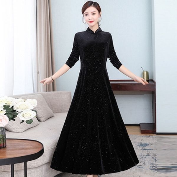 

golden velvet fine cheongsam black long style elegant chinese style banquet evening dressformal dress evening dress dress luqnq, Black;gray