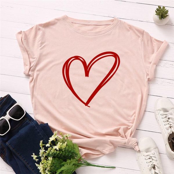 

new heart print t shirt plus size women 100% cotton o neck short sleeve summer pink graphic tees women tshirt1, White