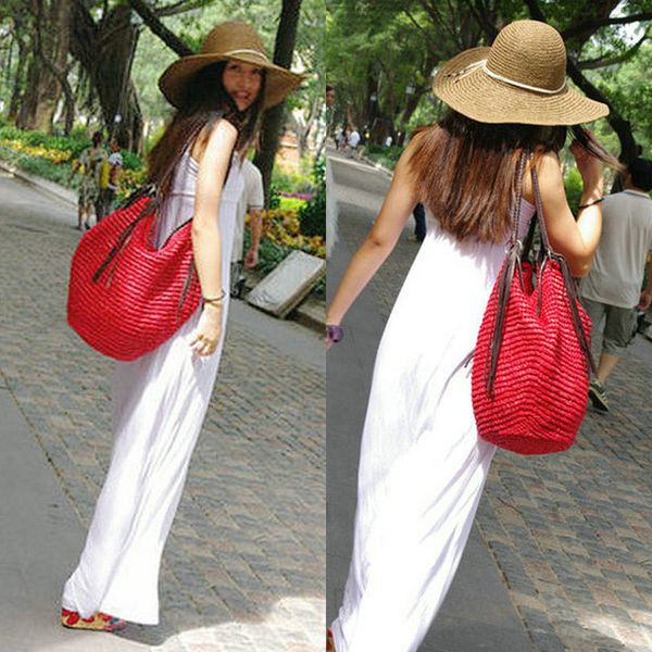 

bohemian straw women shoulder bags casual large capacity rattan totes woven wicker tassel buckets lady handbags summer beach sac c1016