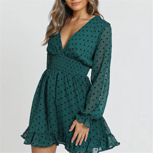

2021 new new autumn hollow folds plied deep dot black couture short cut female dress 78k9, Black;gray