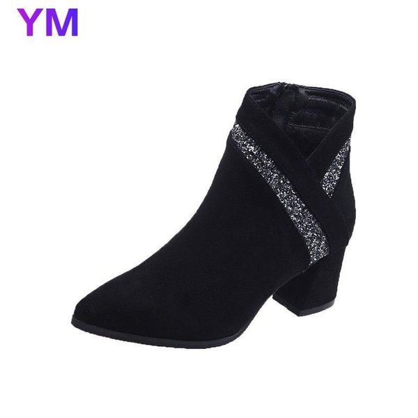

2020 women's boots autumn and winter new flock pointed toe zipper matching sequin heel high 6cm short tube ankle women's shoes, Black