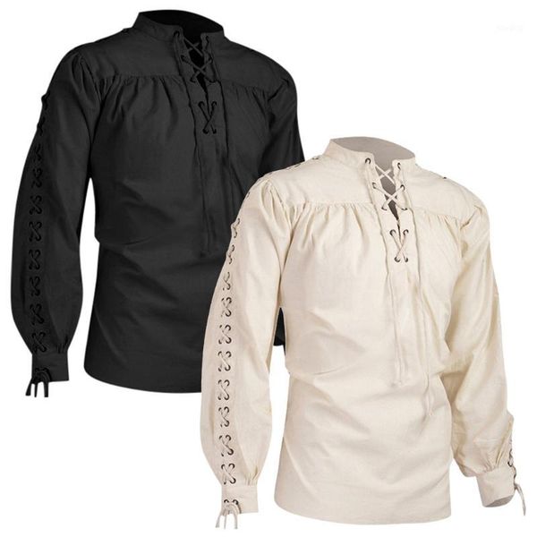 

fashion men shirt bandage long sleeve medieval shirt gothic man blouse camisa masculina shirts chemise homme 20191, White;black