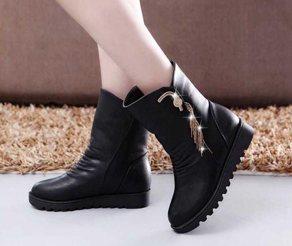 

fashion crystal wedges women boots genuine leather mid-calf plush winter warm snow boots women cotton, Black