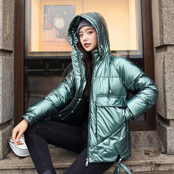 

winter short parkas shiny jackets hooded women thicken warm loose parka coat female fashion trend windproof big pocket jackets1, Black