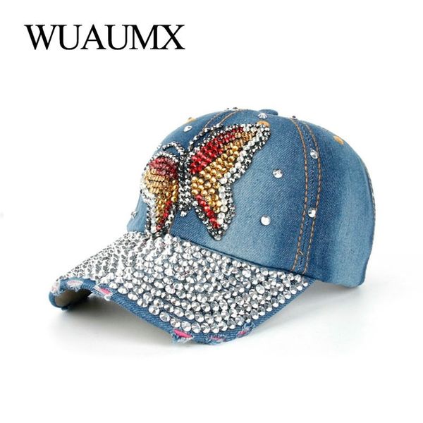 Wuaumx Strass Baseball Cap Frauen Handgemachte Schmetterling Bling Cap Für Mädchen Dame Snapback Caps Denim Visier casquette femme sport Y200714