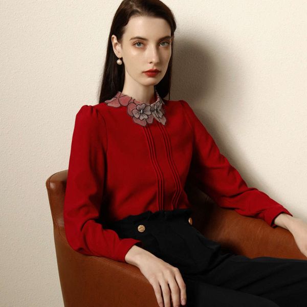 

dign of new autumn style flower collar solid color thick long sleeve commuter red shirtsleev, White