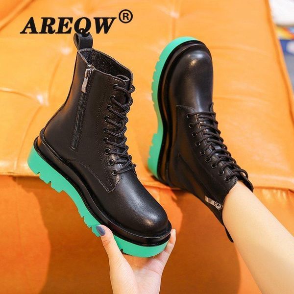 

leather thick-soled boots women's autumn and winter mid-tube short boots zipper flat women's1, Black