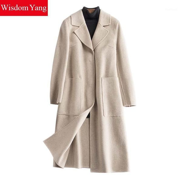 

elegant womens wool coats beige woman winter warm female xlong casual covered button woolen slim ladies overcoat coat outerwear1, Black