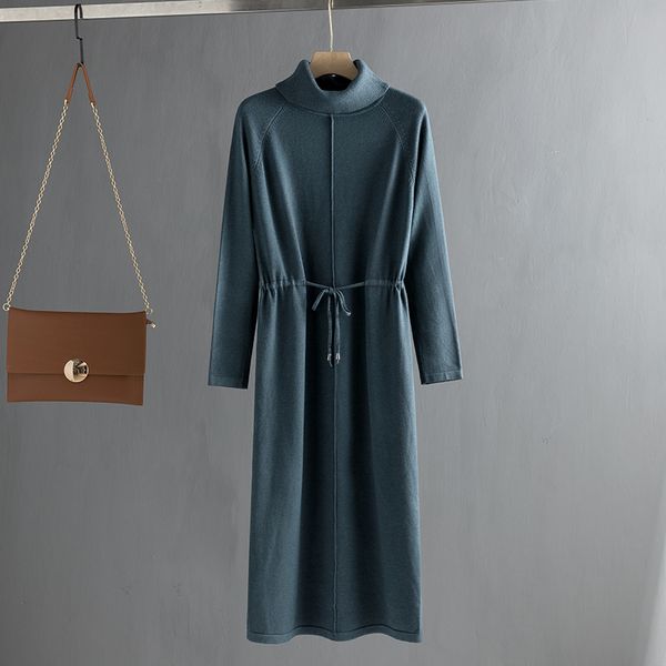 

2021 new oversize loose women long knit maxi vertical stripe straight winter turtleneck pullover midi dress drawsting h90y, Black;gray