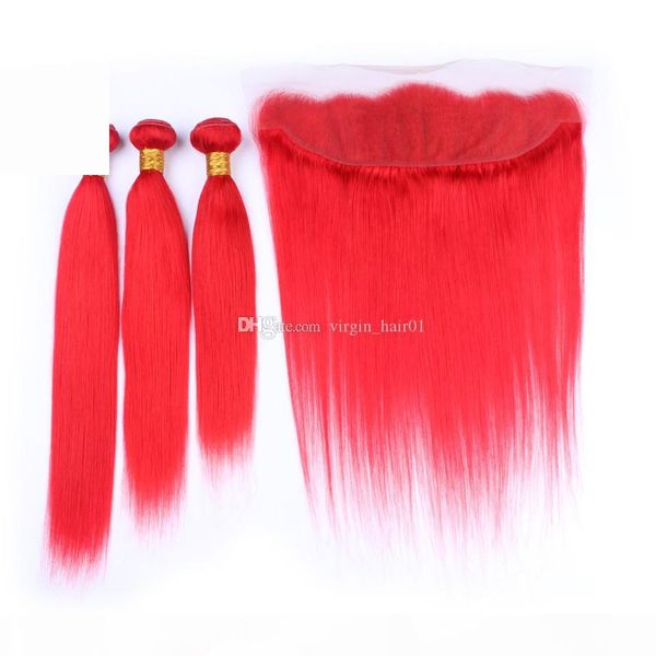

red brazilian virgin hair bundles with frontal lace closure #red straight human hair weaves with 13x4 full lace frontal 4pcs lot, Black;brown