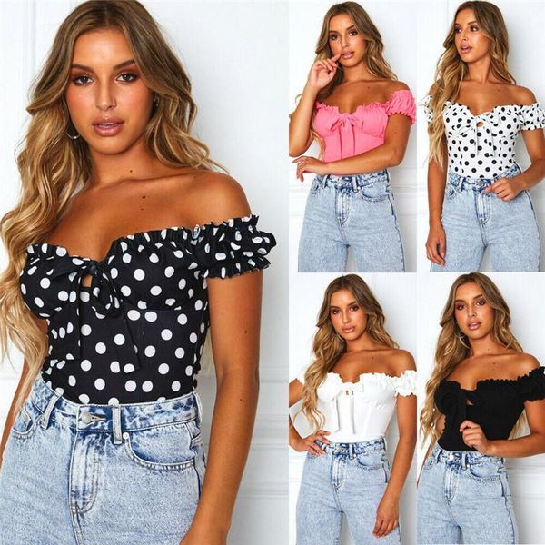 

women off shoulder slash neck dot tank print tank vest bandage short sleeve crop lace up tank summer casual, White