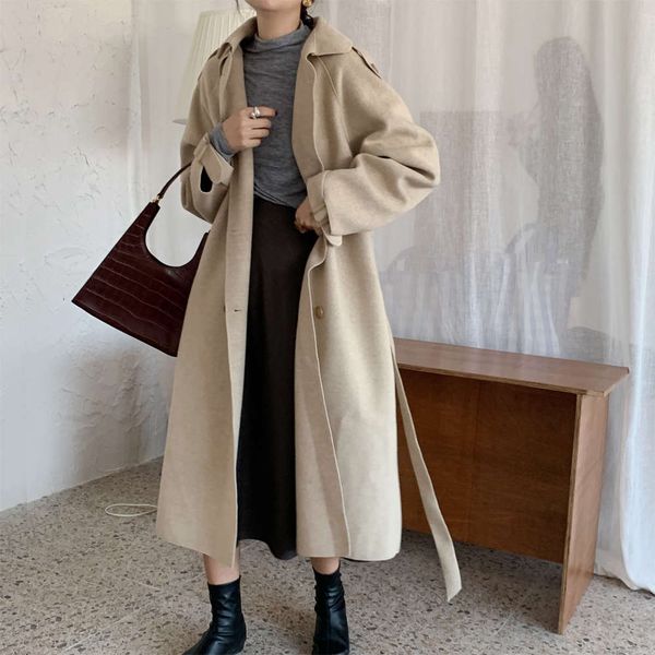 

1autumn winter 2020 new korean high end double sided cashmere hepburn style medium long woolen coat8uy, Black