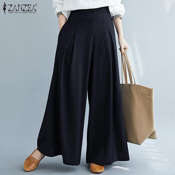 

zanzea women autumn wide leg pants loose casual palazzo elastic waist trousers elegant office ladies work pantalon 5xl culottes1, Black;white
