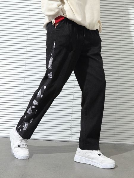 

men paisley print drawstring waist corduroy pants r5bj#, Black