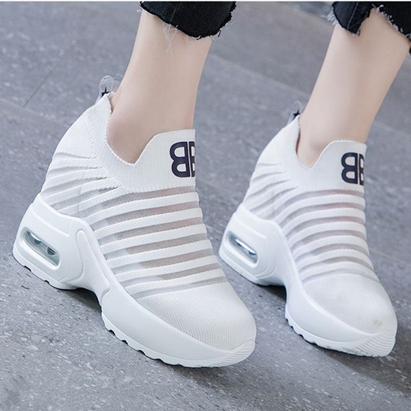 

flying knitting wedges fashion sneaker women height increasing slip on summer casual shoes breathable platform sneakers xz176 1020, Black;white