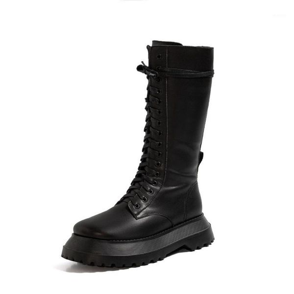 

mkkhou fashion medium boot woman 2020 new winter star the same style leather round head lacing knight boot leather boots women1, Black