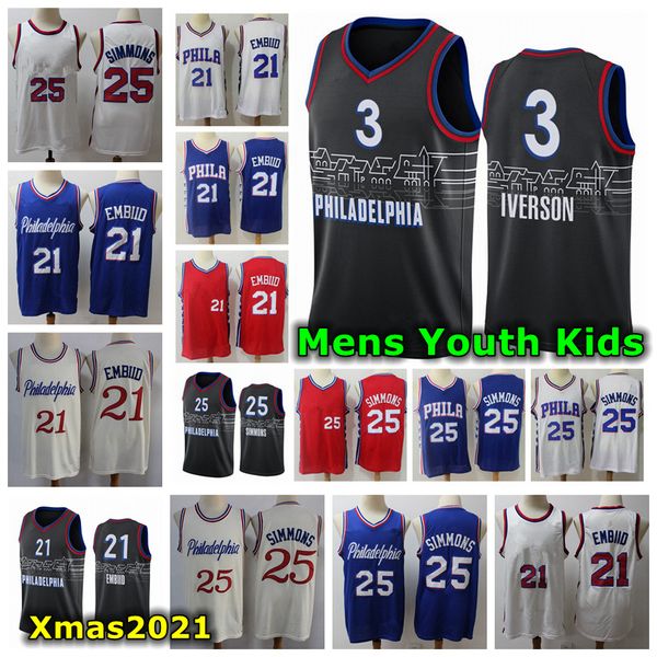 

2021 mens youth kids 3 allen iverson swingman jersey authenic stitched city black edition joel 21 embiid ben 25 simmons basketball jersey, Black;red