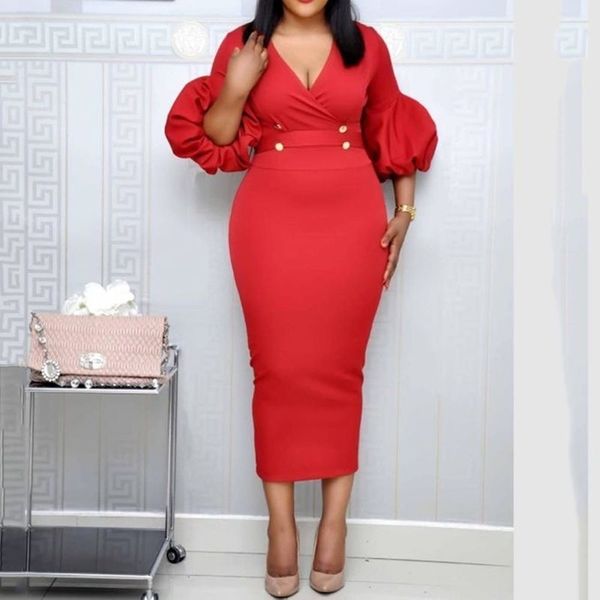 

red lace-up three-quarter sleeve bodycon dress african women high waist tunic elegant party office vintage midi dresses y200418, Black;gray
