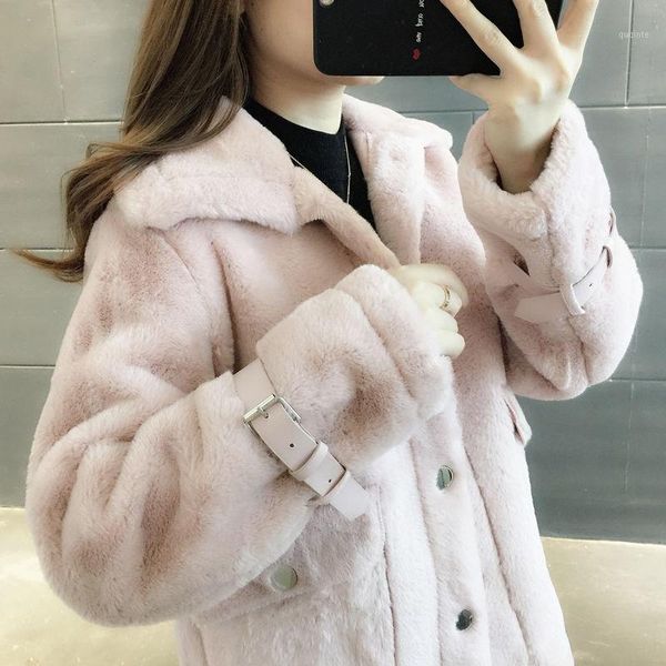 

women 2021 autumn winter new faux fur coat female fake fur coats loose lapel overcoat thick warm lady plush outwear b2831, Black