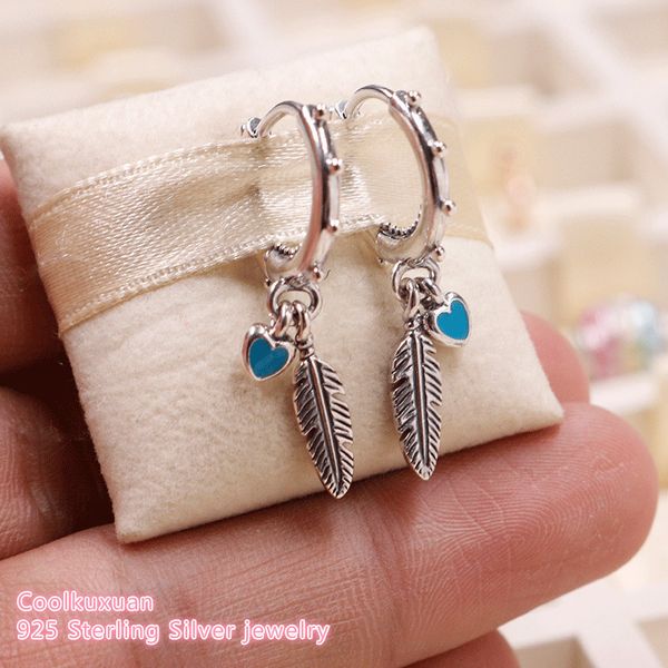 

summer 100% 925 sterling silver spiritual feathers earrings, blue colour enamel original european style brand jewelry 210202, Golden