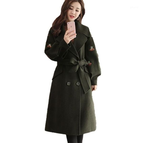 

new 2020 autumn winter women loose woolen coat turn-down collar retro embroidery elegant female solid color wool outwear z391, Black