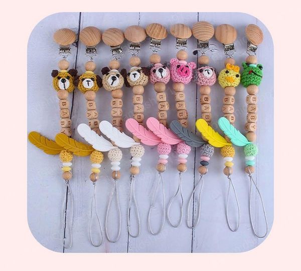 

wooden feather cartoon baby pacifier clip chain beads prevent drop paci holder clips teether nipple teether dummy strap chain