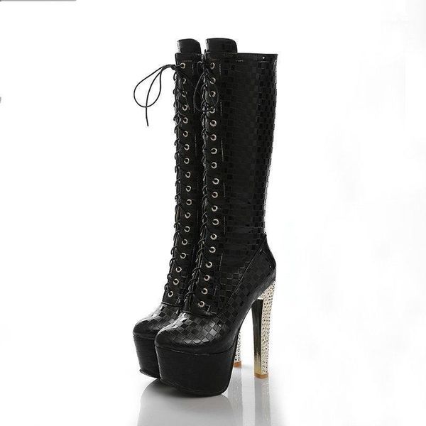 

boots 2021 15cm super high heels women 6cm platform lace up mid-calf ladies dress club dancing shoes1, Black