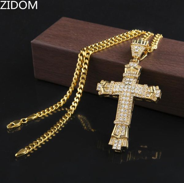 

gold silver plated men hip hop iced out bling cross pendant necklaces with 70cm cuban link chain necklace jewlery drop shipping