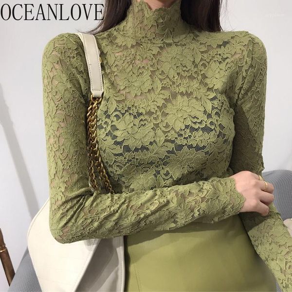 

women's blouses & shirts oceanlove transparent lace spring autumn solid hollow out blusas 2021 slim turtleneck fashion ladies 133691, White