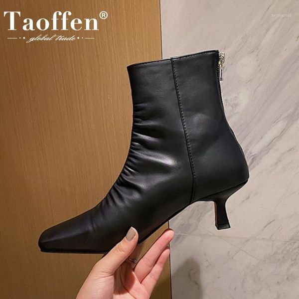 

boots taoffen woman ankle real leather zipper thin high heel winter shoe warm short boot fashion footwear size 33-401, Black