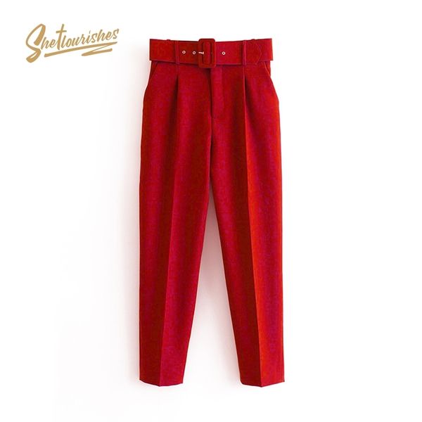 

sheflourishes womens pants with belt high waist fashion solid office lady suit pants red blue purple trousers capris lilac neon lj200819, Black;white