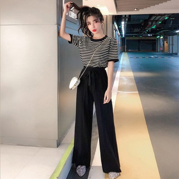 

self-selling summer new french niche wide leg wide leg pants pants knitted striped two-piece suit very fairy two-piece suit ry03b, Gray