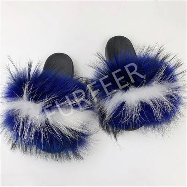 

wholesale women's winter fluffy fox fur slippers real raccoon fur sandals indoor home furry shoes women slides flip flops 45 #n08a, Black