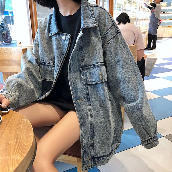 

2020 spring and autumn hong kong jeans coat women's korean-style loose harajuku style bf midi denim jacket top, Black;brown