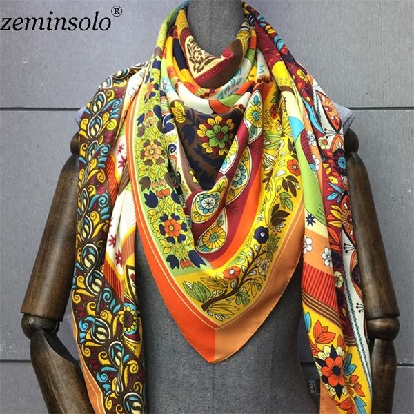 

130*130cm bandana 100% silk scarf women floral painting square satin scarves fashion brand ladies neckerchief shawls hijabs y201007, Blue;gray