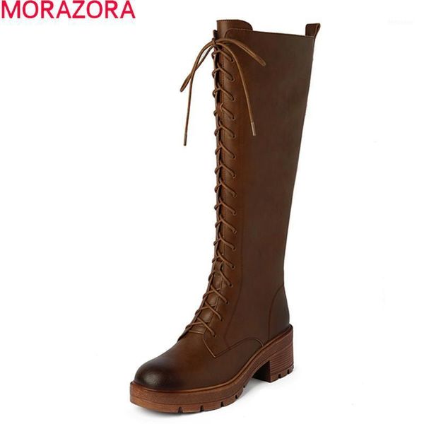 

boots morazora 2021 genuine leather thick heels square toe lace up knee high winter women black brown1