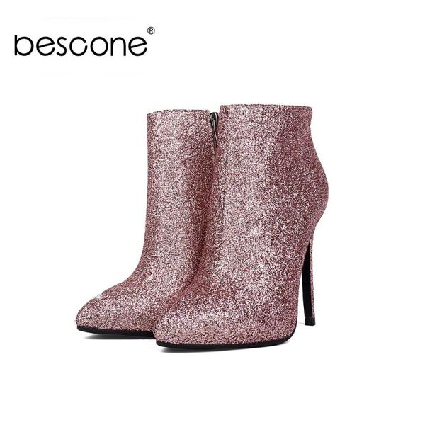 

bescone fashion women mid-calf boots pointed toe sequined cloth thin heel shoes zipper super high heel ladies boots by127, Black