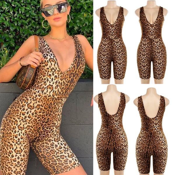

women sleeveless leopard jumpsuit casual clubwear wide leg pants outfits ladies stretch bodysuit bodycon playsuit, Black;white