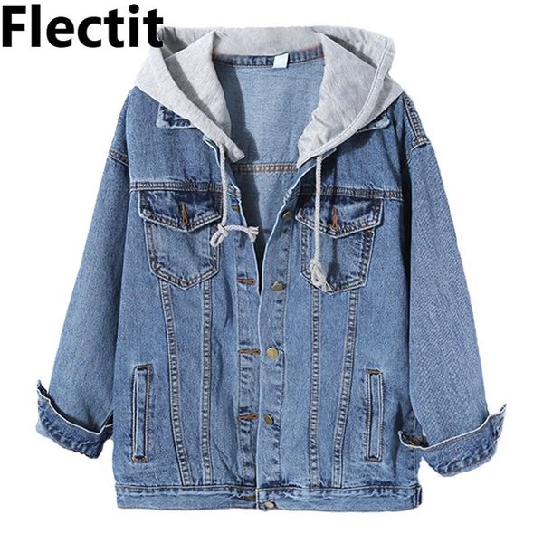 Flectit Women Jean Jacket Jaqueta Hooded Denim Com Removível Cauz Cinza Casaco Oversized Casaco Harajuku Street Styel 201017