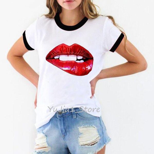

new arrival 2019 red lips t shirt camiseta mujer vogue tshirt femme korean style clothes oversized shirt white female t-shirt