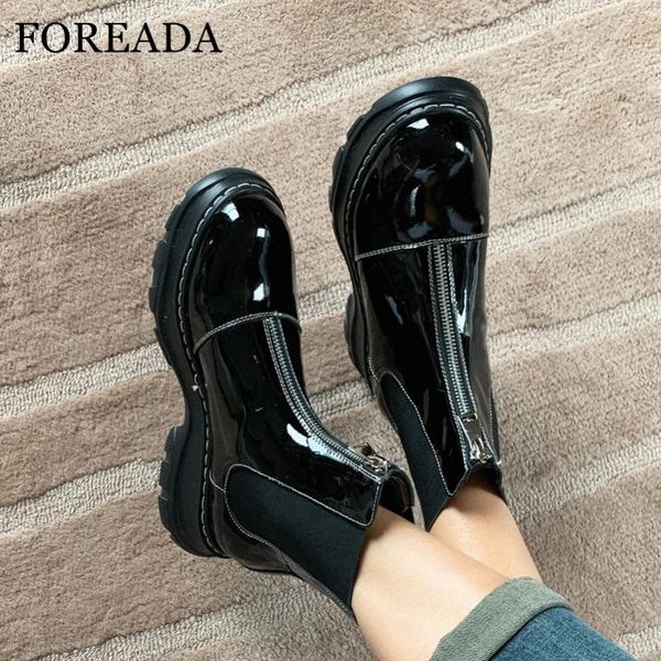 

foreada high heel ankle boots real leather woman boots platform block heel short zip ladies shoes autumn winter black 40
