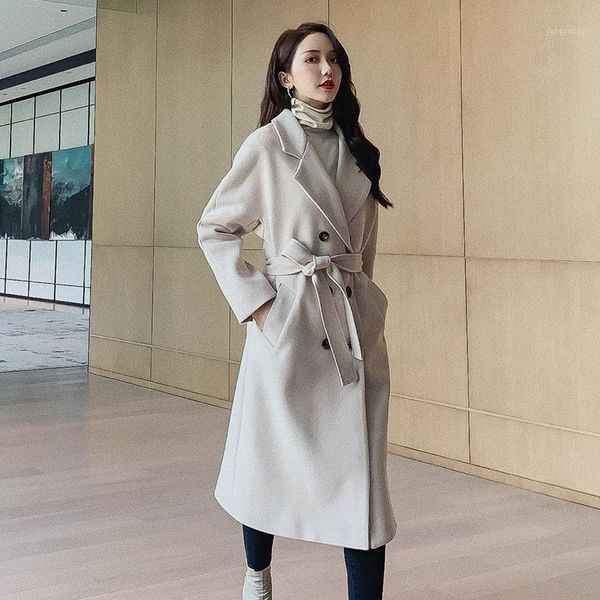 

2019 new women elegant winter wool overcoat long bandage woolen coat cardigan loose plus size abrigos belt mujer manteau femme1, Black