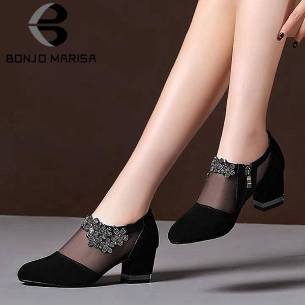 

bonjomarisa office lady flock round head zipper floral flcok pumps spring new design pumps women elegant party comfy shoes woman, Black
