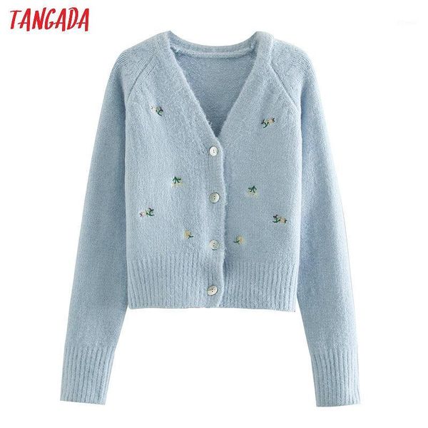 

women's knits & tees tangada women elegant embroidery blue cardigan vintage jumper lady fashion knitted coat 3l031, White