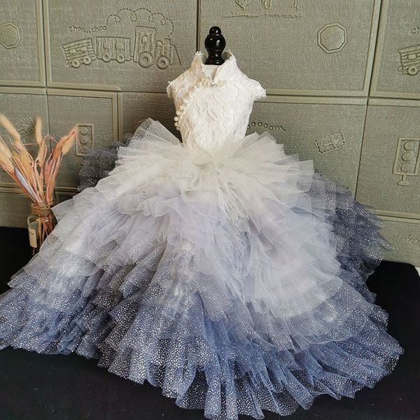 

handmade dog apparel clothes dress fairy-tale white lace gray-blue gradient tulle skirt chapel train pet trailing gown