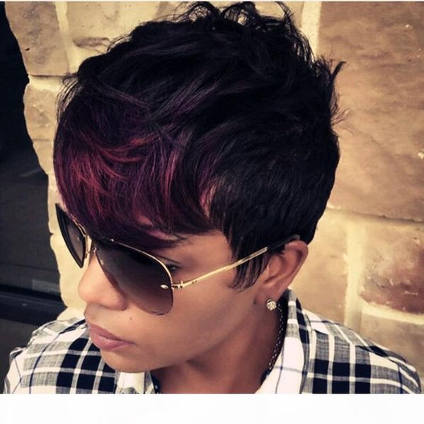 

short bob wig straight fluffy dark red wine burgundy human hair wigs side bang wig for women, Black;brown