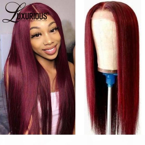 

180 density lace front human hair wigs for women 99j burgundy colored human hair wigs straight bleached knots, Black;brown