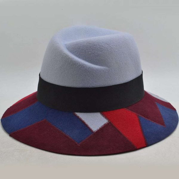 

british jazz wool new gentleman felt casual color matching wide brim hat, Blue;gray