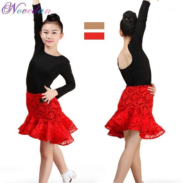 

girls children ruffle latin dance skirt suits kids dance leotard & skirt sets latin sequined ballroom party competition costumes1, Black;red