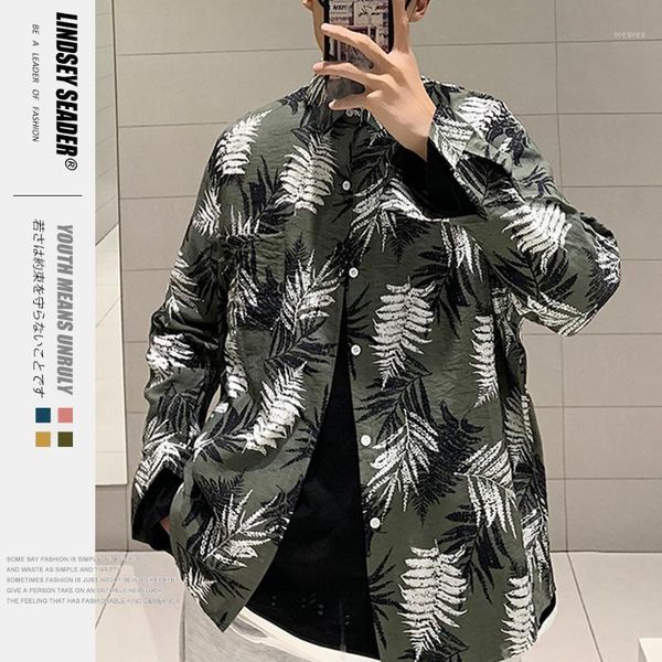 

lindsey seader palm leaves printed long sleeve shirts mens harajuku style hawaiian shirts casual fashion streetwear1, White;black